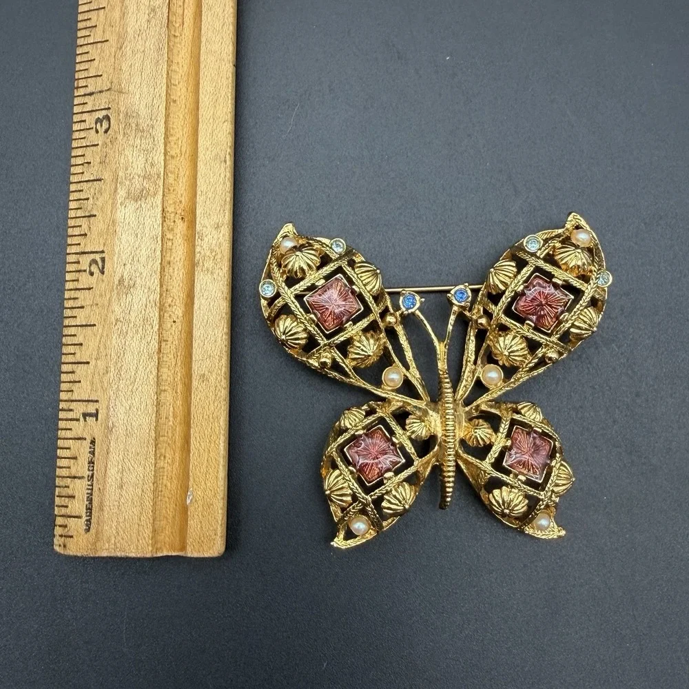 Avon Vintage Butterfly Brooch Gold Tone Faux Pearl Red Lucite Rhinestone Pin